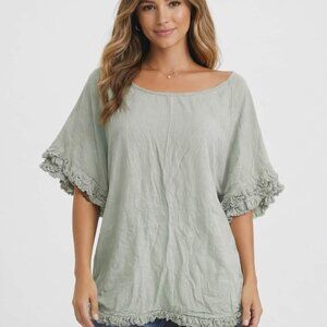 Umgee Womans L Linen Blend Flounce Tunic Sage Feminine Lagenlook Ruffles BOHO